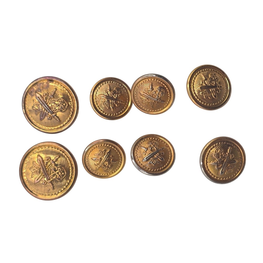 Vintage Gold Tone Crest Buttons Crossed Swords Crown Military Style Set of 8